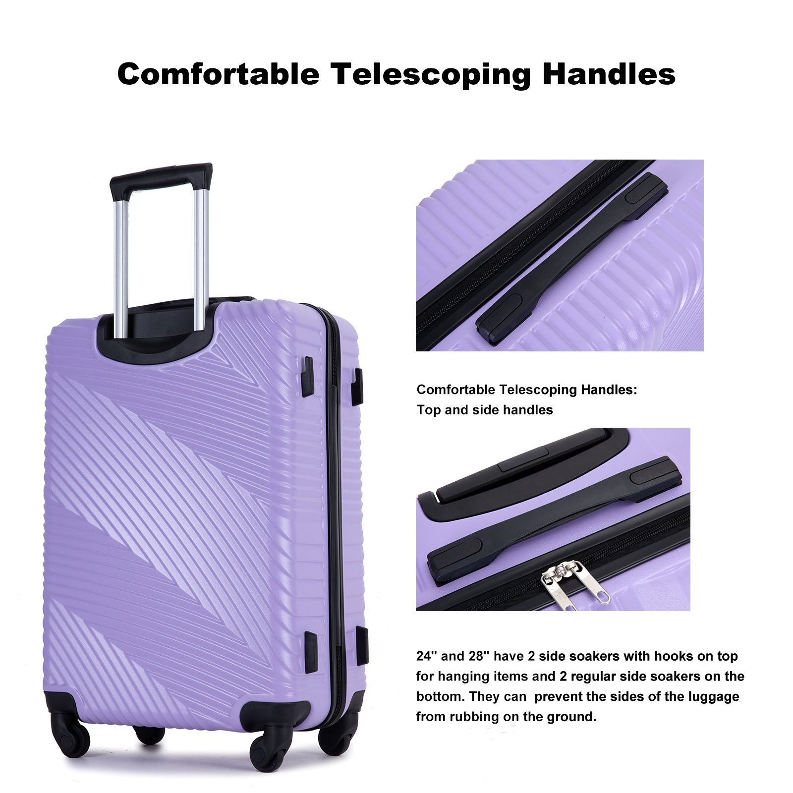 3 Piece Luggage Sets PC+ABS Lightweight Suitcase with Two Hooks Spinner Wheels (20/24/28) Light Purple - Image 14