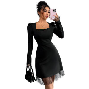Lace Splicing  Long Sleeve  Square Neck High Waist A-line Dress