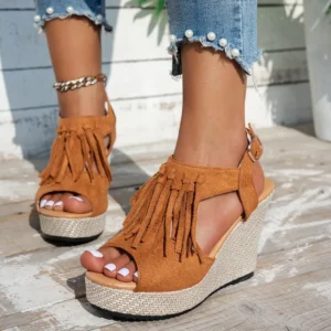 Fringe Peep Toe Wedge Sandals