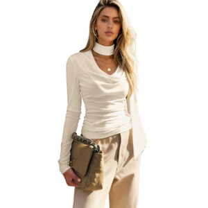 Solid Color Long Sleeve  Boat Neck Fitted  Women's T-shirt