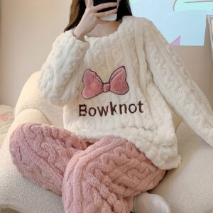 Women’s Thick Jacquard Fleece Pajama Set — Long-Sleeve Top & Pants with Bow & Letter Pattern, Cozy Autumn-Winter Loungewear