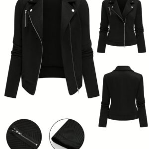 Women’s Biker Jacket — New Solid Color with Maze Pattern, Zipper & Decorative Buttons, Stylish Casual Autumn-Winter Outerwear