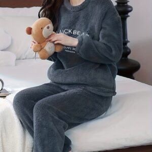 Women’s Three Bears Flannel Pajama Set — Thick Autumn/Winter 2-Piece Top & Pants, Warm and Cozy