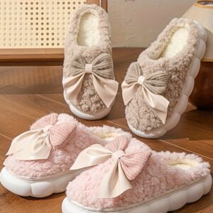 Women’s Warm Slip-On Winter Slippers — Thick TPR Non-Slip Sole, Cozy Bow Accent, Soft Fabric Upper for Cold Floors