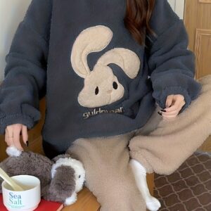 Women’s Flannel 2-Piece Pajama Set — Long-Sleeve Cartoon Rabbit Top & Cozy Coral Pants, Perfect Gift for Holidays & Relaxing Outdoors