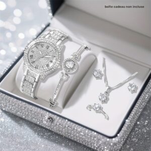 6-Piece Elegant Silver Watch & Jewelry Set for Women – Perfect Gift for All Occasions